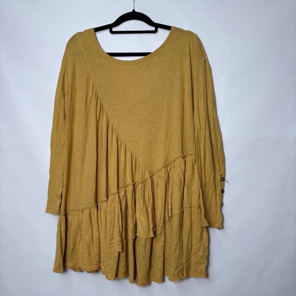 Free People Beach Mustard Yellow Cotton Hemp Tiered Ruffle Boho Tunic Top Large